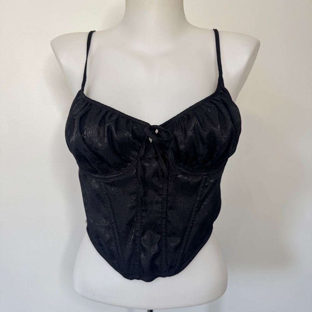 Urban Outfitters Out From Under Devon Satin Corset Black Bra Top Sz L - Picture 2 of 14
